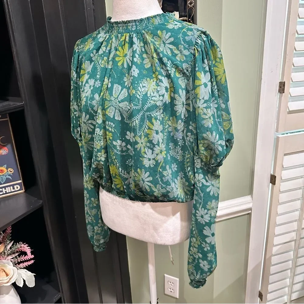 Free People Green Floral Peasant Blouse Balloon Sleeve Boho Top – Size XS